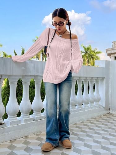 Image of SKAYS Oversized Fall Sweaters for Women, Oversized Cable Knit Sweater Off Shoulder, Solid Color Crew Neck Sweater