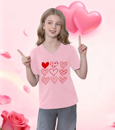 Image of LAZYCHILD Kids Valentine Shirt Girls Valentines Day Shirts Heart Graphic Long Sleeve Striped Tee Tops 5-14 Years