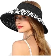 LA CARRIE Wide Brim UV Protection Sun Hats for Women with Leopard Trim Straw Roll Up Beach Visor ...