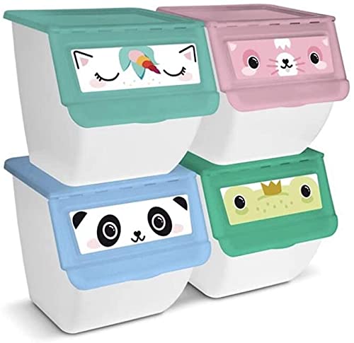 BRAVO HOME Boîtes de Rangement Empilables en Plastique 39x39x36 cm, Lot de 4 Organisateurs de Jouets 36L, Tiroirs Décoratifs avec Couvercle pour Jouets (a.Set complet)
