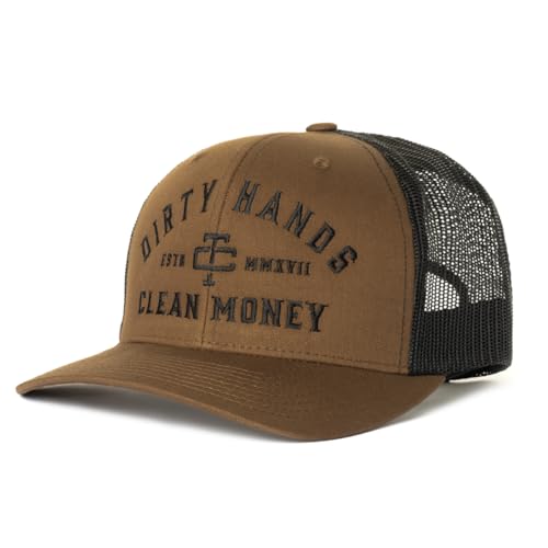 Image of TROLL CO. CLOTHING Dirty Hands Clean Money Meshback Hat, Curved Brim Hat Coyote Brown