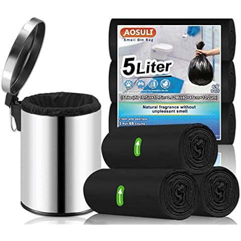 AOSULI 5L Small Trash Bin Bags 69PCS Garbage Bags Black Bin Liner/Trash/Rubbish Bags for Kitchen,Home,Office,Bathroom,Lawn,Garden,Patio(Fits 0.8,1.5,1.2 Gallon Bins,3 Rolls Cover