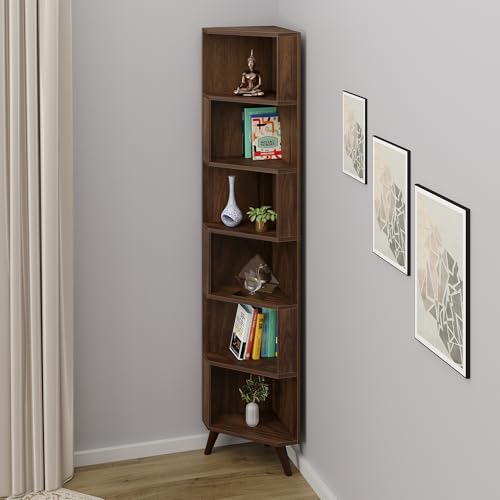 BLUEWUD Veluno Corner Shelf Bookshelf Cabinet Book Rack Organizer with Shelves for Storage Décor Display Cabinet Floor Standing for Living Room Home Library (Brown Maple)