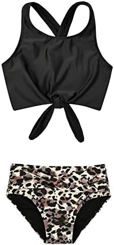 Girls Swimsuits Two Piece Tankini Bikini 10 11 10/12 Year Kids Bathing Suit Black Leopard