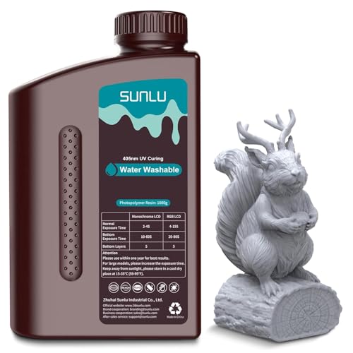Image of SUNLU Water Washable 3D Printer Resin, Fast Curing Low Shrinkage, High Precision Photopolymer Resin for LCD /DLP /SLA Printers,395 to 405nm UV Resin, 1000g Grey