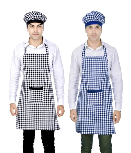 Image of Switchon Checkered Cotton Kitchen Cooking Apron with Chef Hat - Pack of 2 | Multi-Purpose Chef & Waiter Apron for Men & Women | Home, Hotels, Restaurants & Cafes | Proudly Made in India