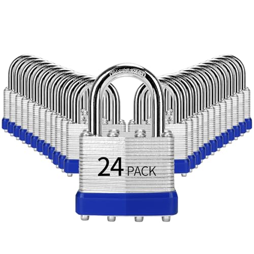 Image of Padlocks Keyed Alike, Pack of 24, Laminated Steel Keyed Lock (1-9 /16 inch, 40mm), Padlocks with Same Key, Normal Sized Hardened Shackle, for Toolbox, Locker & Storage Unit, and More