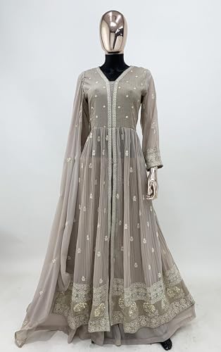 Image of Miss Ethnik Women's Peach Faux Georgette Stitched Top, Bottom and Dupatta Full Sleeve Embroidered Anarkali Gown (ME-1144)
