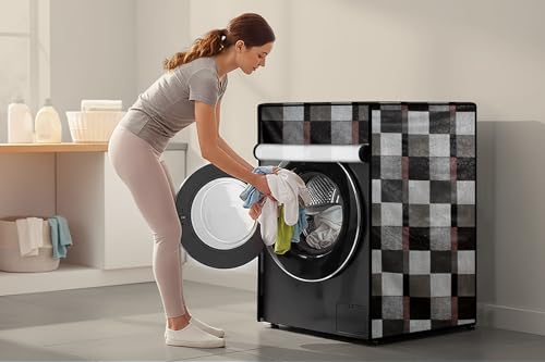 Image of Stylista Waterproof Front Load Washing Machine Cover Compatible for Haier 8 kg, Chekered Pattern Brown