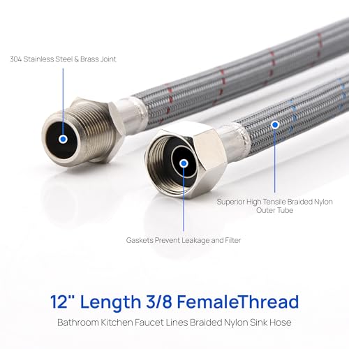 J-HVA Faucet Supply Lines Length 12" x G 3/8 Female Thread Connector Braided Nylon Extension Hoses for Bathroom Kitchen Sink Faucet Hose Filter, Stainless Steel Nut (1 Pair)