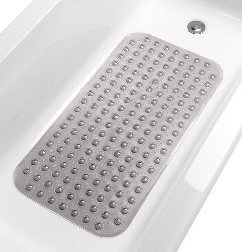 TIKE SMART Medium Non-Slip Bathtub & Shower Mat 31x16 (Smooth/Non-Textured Tubs Only) Safe, Clean, Machine-Washable, Superior Grip&Drainage, Vinyl, Transparent Gray (Grey)