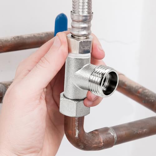PWGHWG 2 Stück Eckventil 3/8 T Stück 1/2 Zoll WC Anschluss Set, 3 Wege Verbindungsventil Umstellventil, Wasseranschluss T-Stück Verteiler, 180° Drehung Vernickelt Spülventil für Haus Bad Toilette