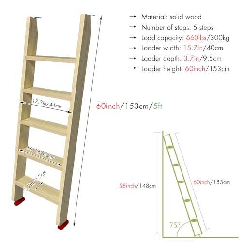 Image of 50 inch 55 inch 60 inch Black Wood Bunk Bed Ladder, Lofted /Dorm /RV Bed Bunkbed Ladders with 4in Extra Wide Steps and Non-Slip Pads, Replacement Wooden Ladder for Motorhome /Camping (Wood Color, 60in /153cm)