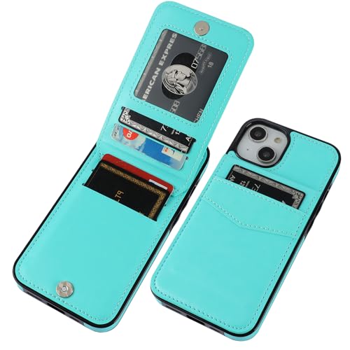 Image of KIHUWEY Compatible with iPhone 13 Case Wallet with Credit Card Holder, Premium Leather Magnetic Clasp Kickstand Heavy Duty Protective Cover for iPhone 13 6.1 inch(Light Blue)