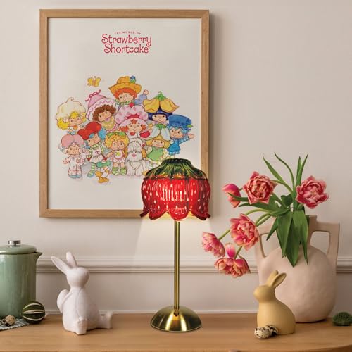 Strawberry Shortcake Touch Lamp- Red Glass Strawberry Shade, USB-C Rechargeable, 3 Dimmable Light Temperatures, LED Desk Lamp, Brush Brass Base & Pole, Cute Décor for Girls Bedroom, Housewarming Gift