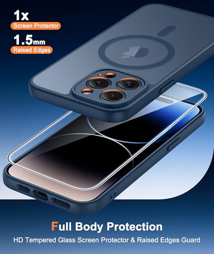 Image of FNTCASE for iPhone 14 Pro-Max Case: Translucent Blue Slim Cases Compatible with MagSafe, Full Camera Protection & Tempered Glass Protector, 14FT Military Grade Drop Tested, Matte Skin-Friendly Cover