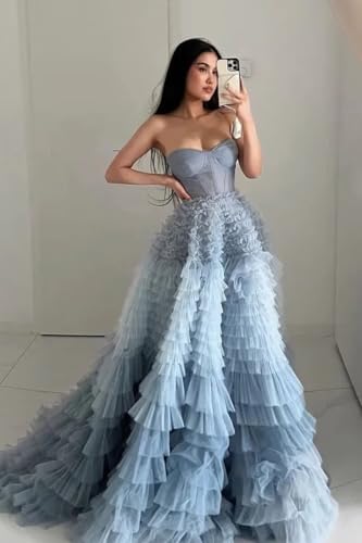 Women's Tulle Prom Dresses Sweet 16 Ball Gown Strapless Ruched Bodice Tiered Evening Dress with Gradient Color Ruffles2