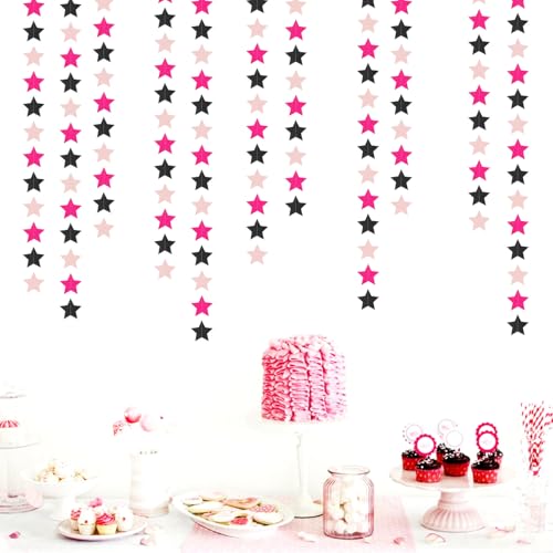 Image of Hot-Pink Black Birthday Party-Decorations Garland - 62ft Twinkle Little Star Baby Girl Hanging Streamers Banner,Graduation Engagement Bachelorette Decor Hugtmr