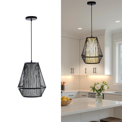 Image of Boho Pendant Light, Bamboo 12 inch Basket Hanging Light | Adjustable Height, Ceiling Light Fixture for Kitchen Islands, Dining Rooms, Bedrooms, Entryways, E26 Base