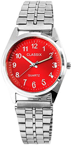 Preisvergleich Produktbild Herrenuhr Rot Silber Analog Quarz Metall Klassisch Armbanduhr