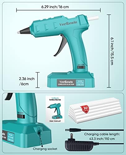 Cordless Glue Gun, Yeegewin Mimi Glue Gun Fast Preheating Hot Glue Gun Rechargeable with 2000mAh Lithium Battery and 30pcs Hot Glue Sticks 7x150mm for Quick Home Repairs, DIY, Craft, Decorations