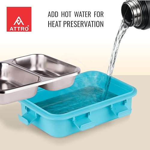 Image of ATTRO Duo Meal Stainless Steel Lunch Box with 2 Partition, Microwave Safe, Airtight Leakproof Silicone Seal Lid, BPA-Free Food Grade Tiffin Box for Office School Kids - 650ml - Blue