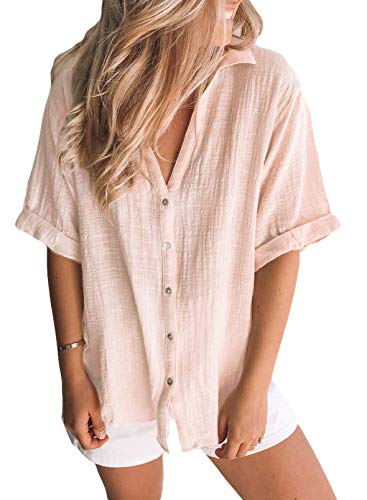 Dokotoo Womens Blouses Ladies Spring Summer Fashion Casual Loose Linen Button Down V Neck Rolled Short Sleeve Work Tunic Tops and Blouses Shirts for Women 2022 Khaki Medium