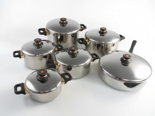 CRC Gourmet Maitre Batería de Cocina (12 Piezas) de Acero Inoxidable, 5 Cazuelas con Tapa + Sartén Alta 28 cm con Tapa, Asas Negras y Detalles Dorados