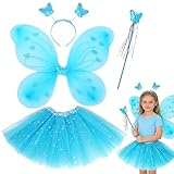 FCXVXCL Disfraz de Hadas Niña Conjuntos Disfraces de Mariposa Brillantes Alas Hada Disfraces Alas Ángel con Varita Mágica y Diadema Regalo para Cumpleaños o Carnaval Azul