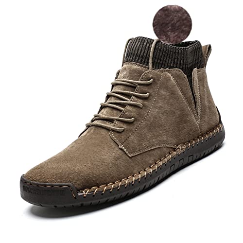Image of Men's Vintage Hand Stitched Lace-Up Mid Loafers,Lace-up Chukka Dress Boot Motorcycle Walking Boots,Casual Leather Ankle Boots