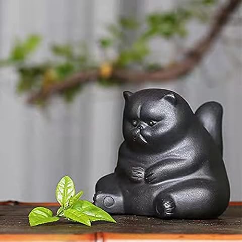 Zisha Tea Pet Angry Unhappy Cat Bat Figurine, Cute Kung Fu Tea Ornament Accessories of Frog Tea Set, Decoration for Tea Table Desk Tearoom, Great Gift for Tea Lover Friend (1.Cat Black) Cover