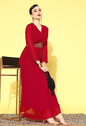 LYMI LABEL Gown for Women - Georgette Pleated Neck design Embroidery Belt Work Maxi Gown LYMI LABEL Gown for Women - Georgette Pleated Neck design Embroidery Belt Work Maxi Gown