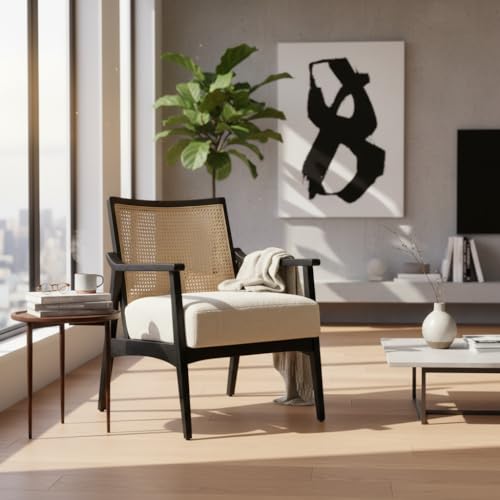 Image of APRODZ Mango Wood Arm Chair for Living Room with Cane Back & Wooden Armrest | Solid Wood Chair for Home Use Bedroom Dining Drawing Room and Balcony | Solid Wood Accent Chair, Black Finish