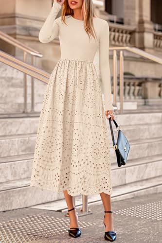 dowerme Women Fall Dresses 2025 Casual Long Sleeve Crewneck A-Line Boho Eyelet Cotton Maxi Wedding Guest Dress Pockets4