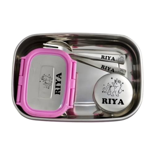 Image of ncgifts Personalized Tiffin Box | Customized Lunch Box | Personalized Stainless Steel Tiffin Box | Your Child's Name and Favourite Character Engraved | for Scholl Students (Pink)