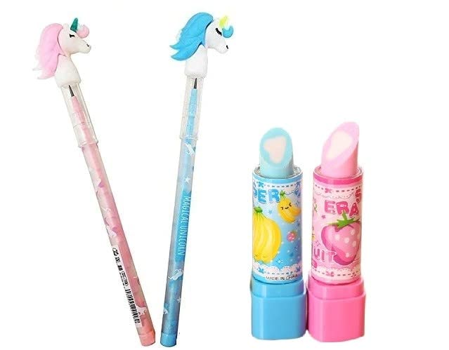 Combo of 2 Unicorn Pencil and 2 Lipstick Shape Eraser| Beautiful Attractive and Unique Design Non- Toxic Eraser with Non Sharpening Push Bullet Pencil for Kids(Multicolor, Multi Design) (Pack of 4) (B0BG3P1FNN) Amazon Price History, Amazon Price Tracker