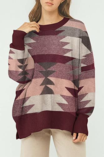 Womens Sweaters Causal Crewneck Batwing Sleeve Aztec Knit Top Side Split Oversized Pullover Sweater Loose Jumper #TOP1