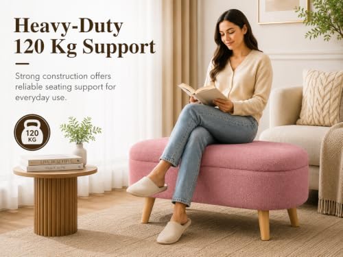 Image of Upholstered Ottoman Storage Bench, Premium Boucle Fabric, Heavy Duty 120 Kg Load Capacity, Multipurpose Seating for Living Room & Bedroom, Pink