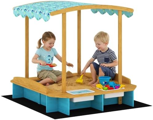 Qaba Wooden Sandbox, Toddler Outdoor, Canopy, Ages 3-6, 50″ x 47″ x 48″