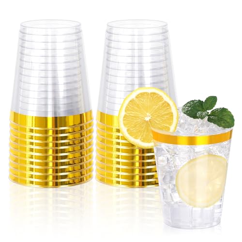 Image of 20 Pcs 10oz Gold Plastic Cups,Clear Plastic Cups with Gold Rimmed,Gold Rim Clear Disposable Plasitc Cocktail Tumblers Wine Cup for Party,Wedding,Birthday,Christmas