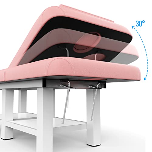 Image of Pink Wide Stationary Massage Table with Backrest for Treatment Table Physical Therapy Table Spa Facial Bed, Metal Frame PU Leather 31.5'' Wide 75'' Long Heavy Duty Professional Stationary Massage Bed