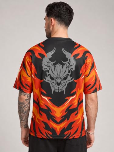 Image of LEOTUDE Men's Tiger Graphic Printed Oversized T-Shirt | Bold Red Sports Jersey Style Tee | V-Neck Half Sleeve Casual Streetwear for Men's (Color:Red)