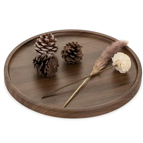 Hanobe Deko Tablett Serviertablett Rund: Rustikal Walnuss Holztablett Nussbaumholz Holz Klein Tabletts für Kaffee Küche Ottoman, 30 cm