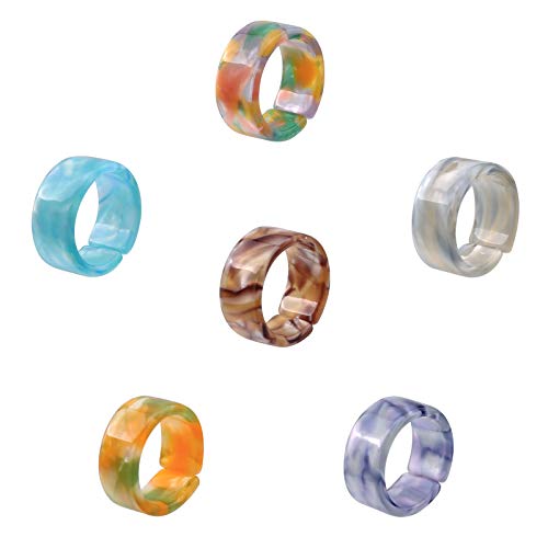 Biokia 6 Pcs Resin Rings for Women Acrylic Thick Round Rings Set Colorful Tortoise Rings Open Adjustable Band Rings Retro Aesthetic Stackable Rings Set Minimalist Fashion Jewelry