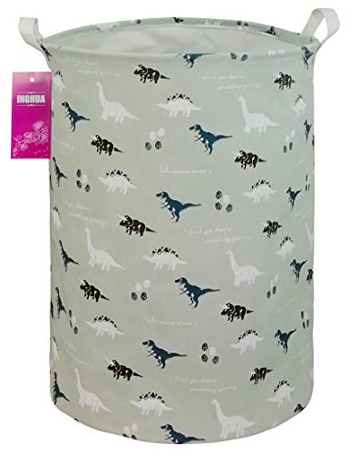 Image of INGHUA Laundry Hamper Large Canvas Fabric Lightweight Storage Basket/Toy Organizer/Dirty Clothes Collapsible Waterproof for College Dorms, Boys and Girls Bedroom,Bathroom(Blue dinosaur)