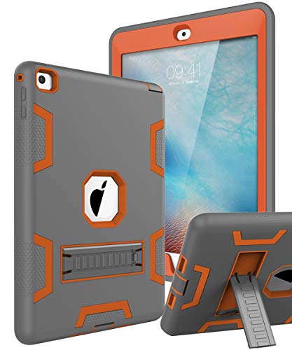 TOPSKY Compatible with iPad Air 2 Case, iPad A1566/A1567 Kids Proof Case, Heavy Duty Shockproof Rugged Armor Defender Kickstand Protective Cover Case for iPad Air 2 Grey Orange
