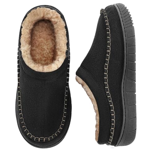 MIXIN Mens Slippers Indoor Outdoor Memory Foam Warm Fuzzy Fluffy Comfy House Shoes Anti-Slip Moccasin Slippers Black Padded Size 9