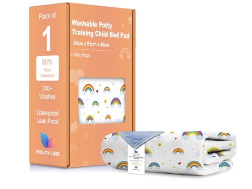 Washable Potty Training Bed Pads - Non-Slip Bed Wetting Sheets for Single & Toddler Beds Easy to Change at Night Includes Fits Single Toddler & Cot Beds - Rainbow Design