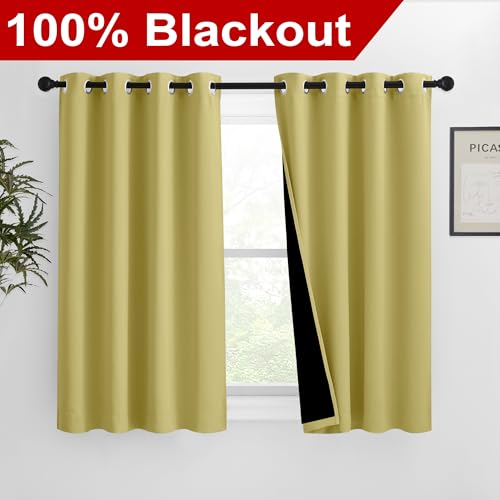 Image of NICETOWN 100% Blackout Curtains with Black Liners, Solid Thermal Insulated Full Blackout 2-Layer Lined Drapes, Energy Efficiency Window Draperies for Bedroom (2 Panels, 46 inch W by 54 inch L, Paler Yellow)