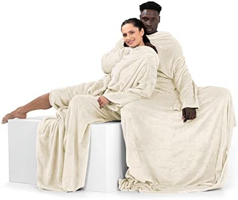 DecoKing Decke mit Ärmeln Geschenke für Frauen und Männer 150x180 cm Lazy | Creme Microfaser TV Decke Kuscheldecke Weich
